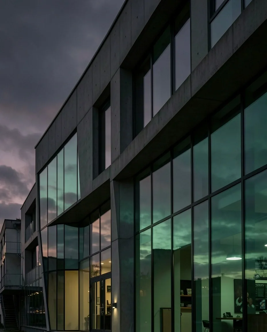Architectural detail of the Brisbane building in evening light